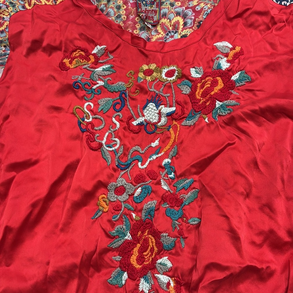 Johnny Was Red Bohemian Paisley Silk Embroidered Floral Flowy Blouse - Picture 2 of 6